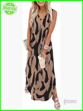 Maxi Dress Womens Loose V Neck Sleeveless Side Slit Summer Beach Dress Pockets